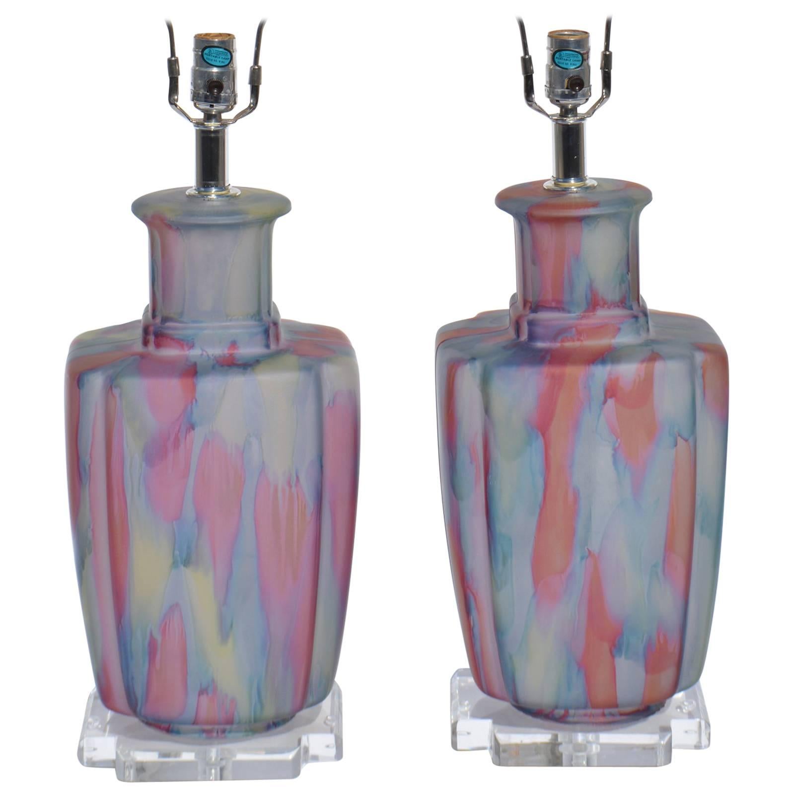 Pair of Pink and Blue Bauer Lamps