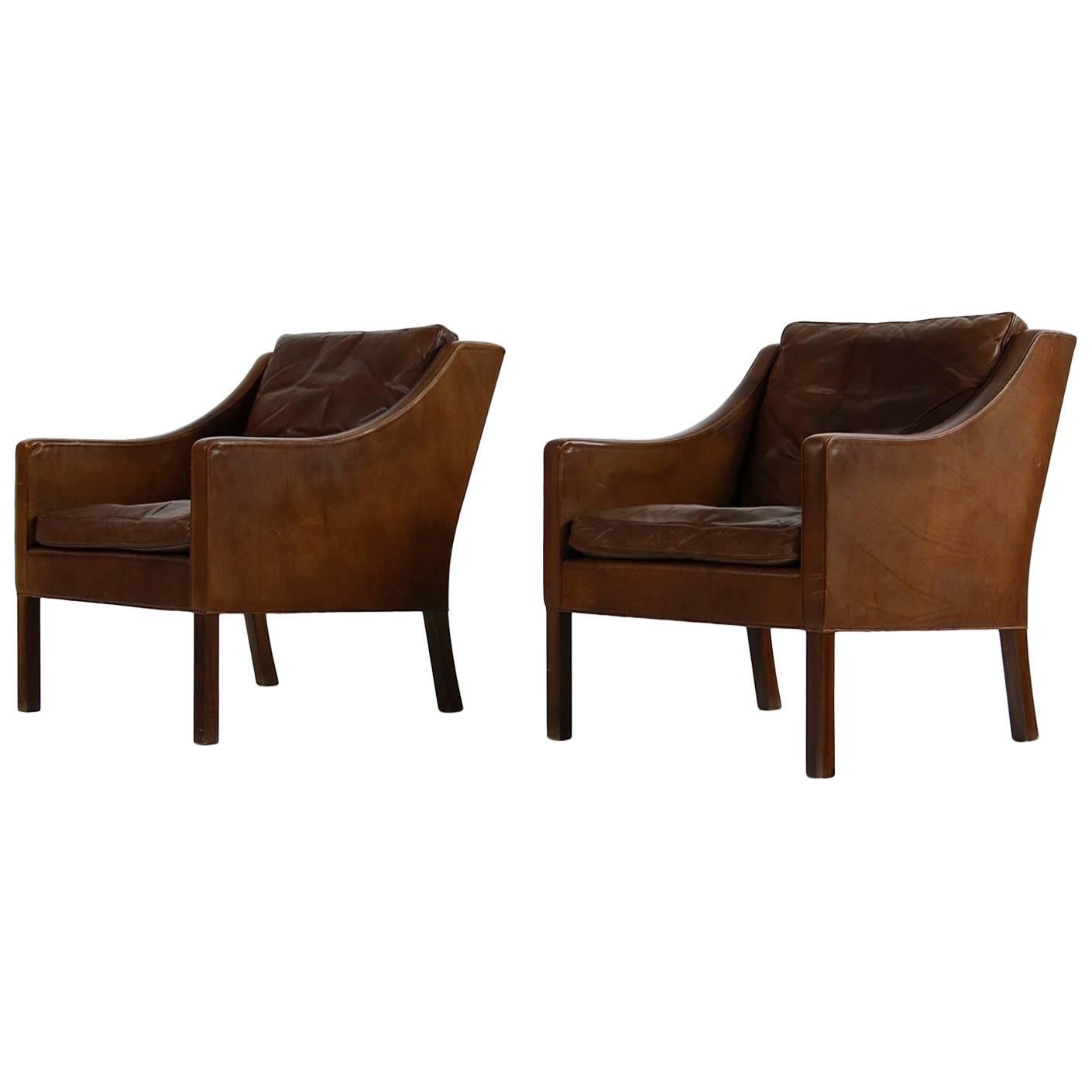 Pair of 1960s Borge Mogensen Mod. 2207 Leather Lounge Chairs, Danish Modern