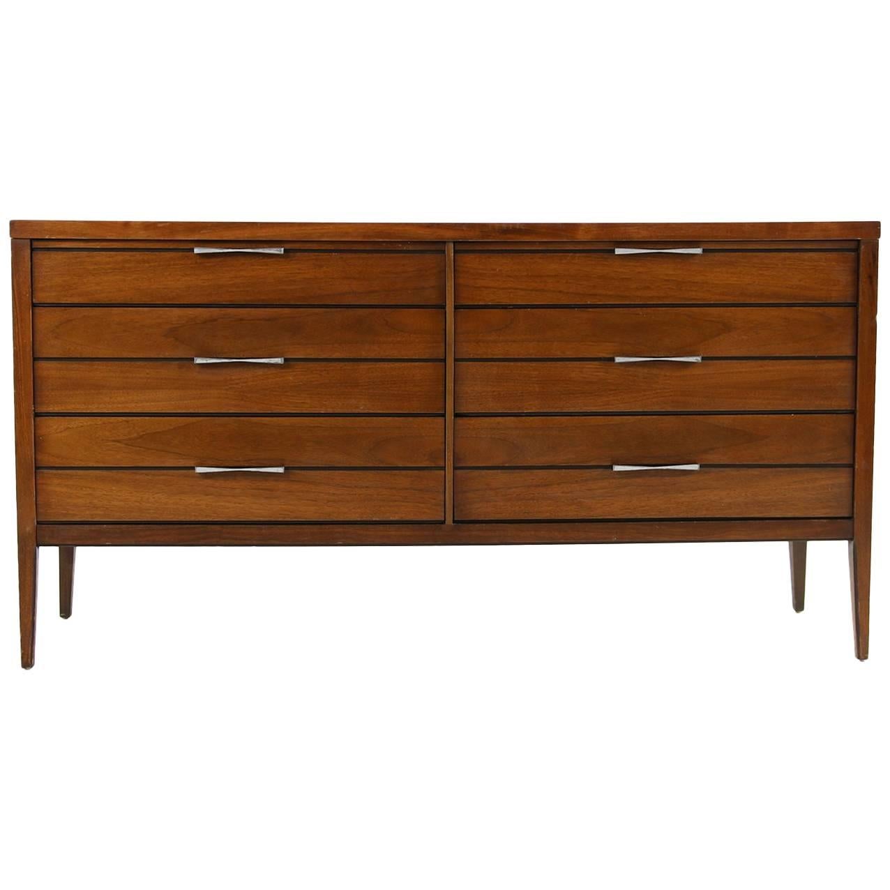 1950s American Walnut Sideboard, Chest of Six Drawers, Mid-Century Modern Design