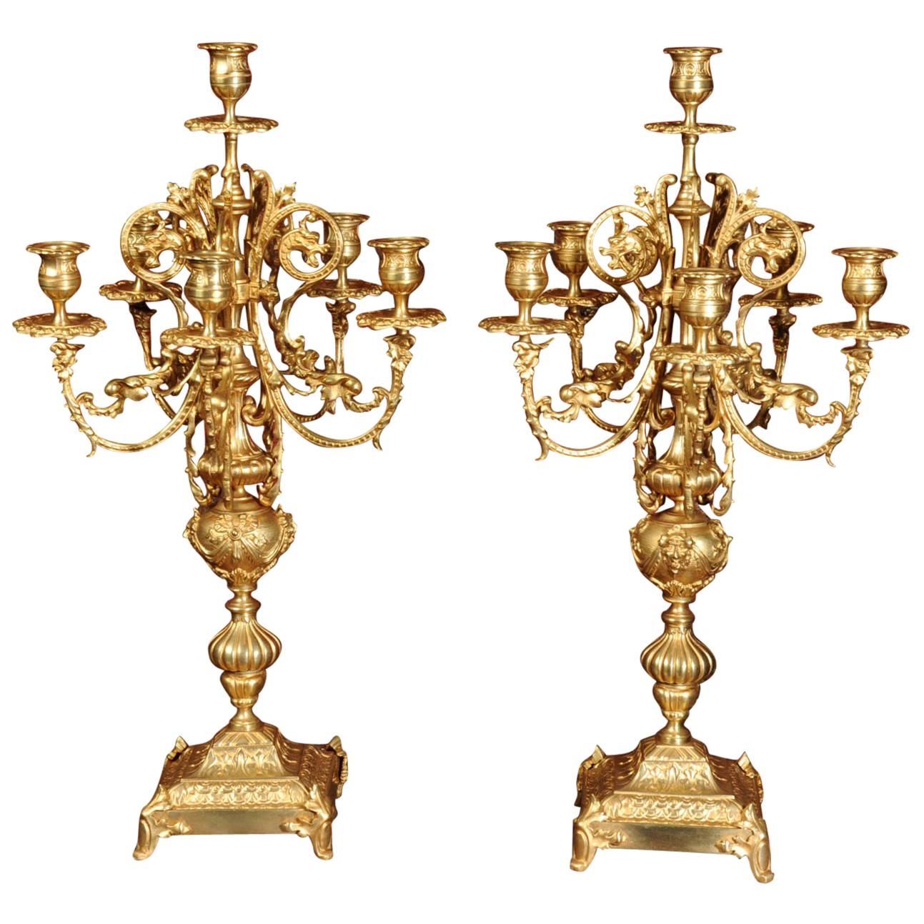 Large Pair of French Baroque Gilt Bronze Candelabra