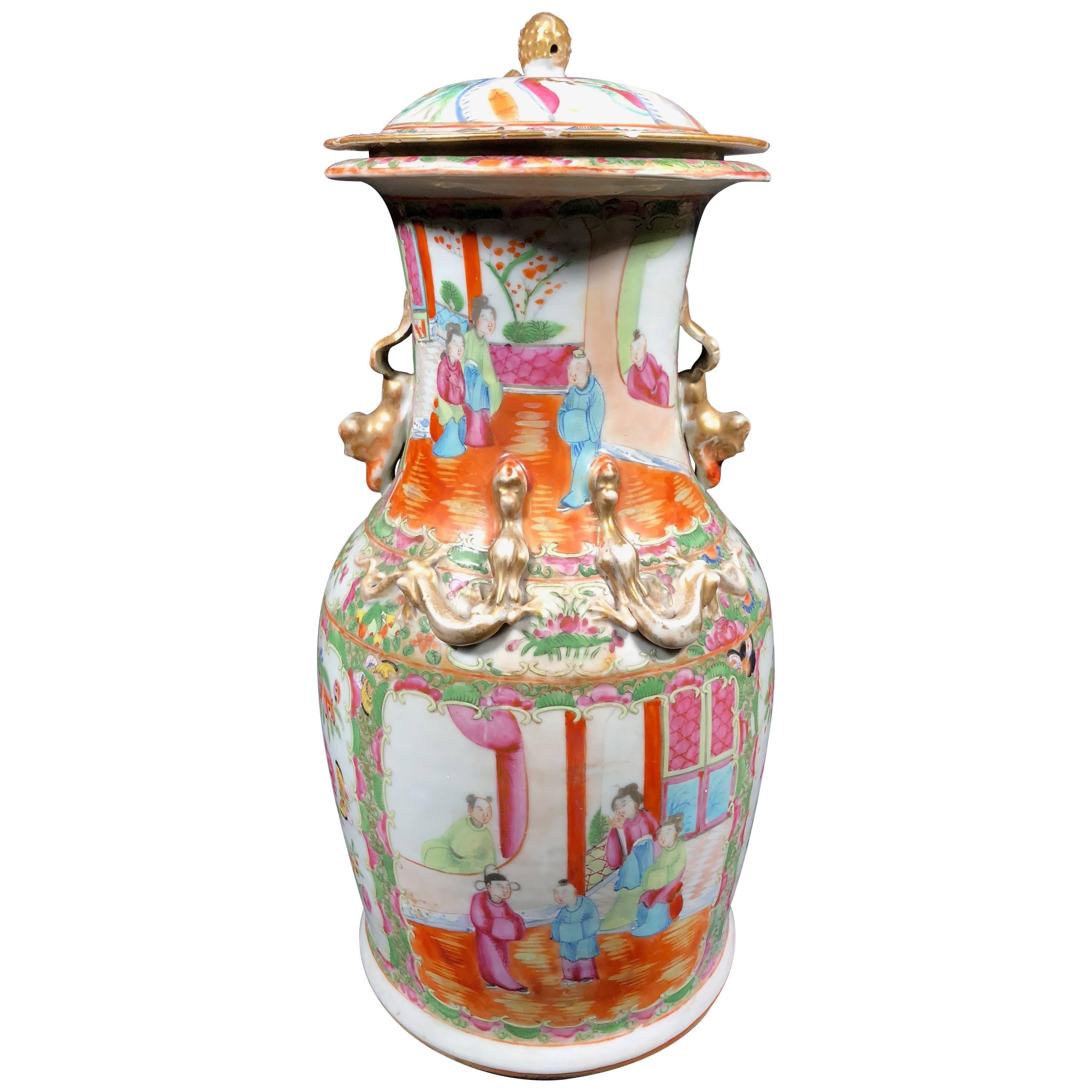 Large 19th Century Canton Export Chinese Lidded Vase Famille Rose For Sale