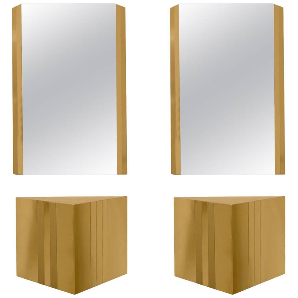 1970s Angular Brass Consoles with Matching Mirrors