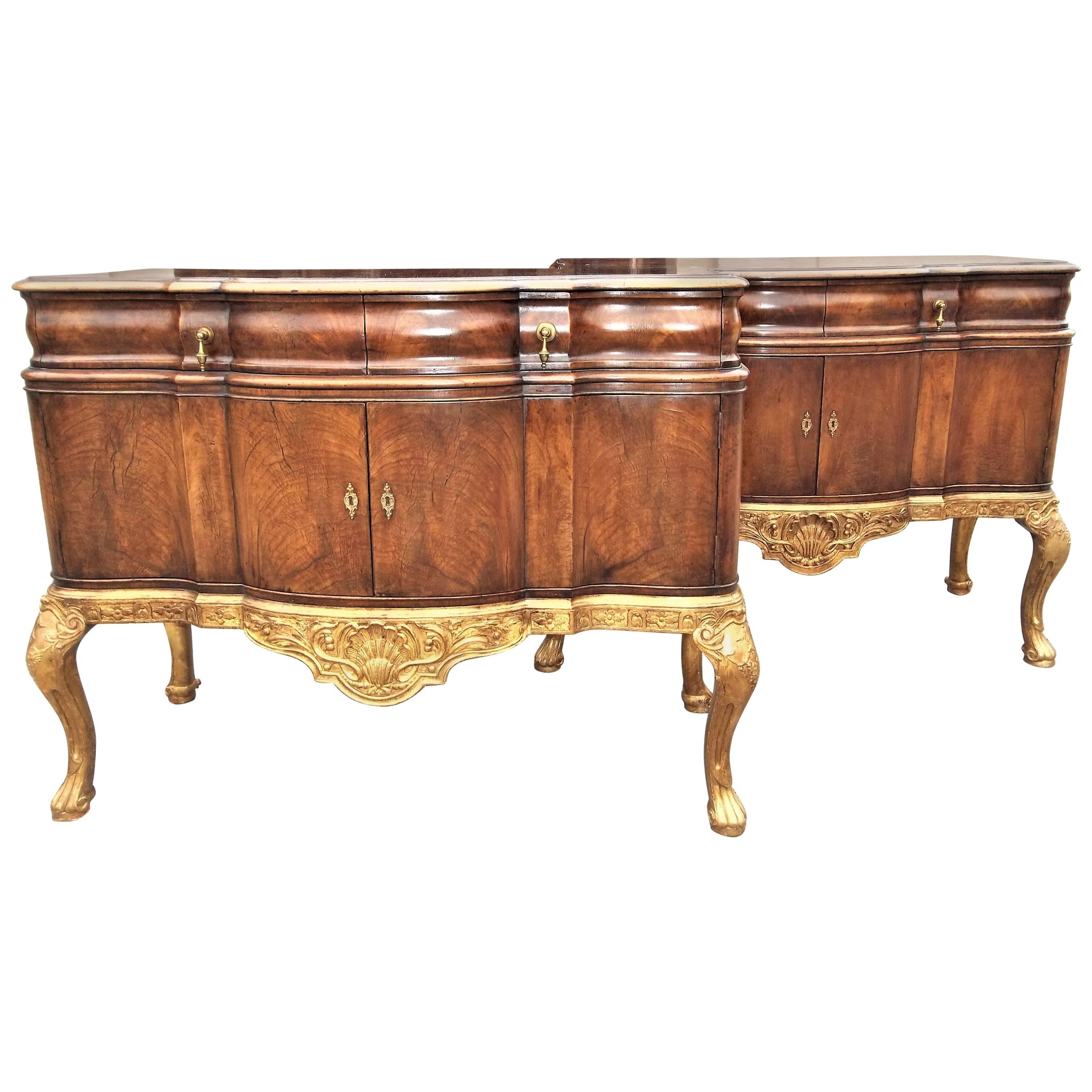 Pair of English Burl Walnut and Giltwood Console Chests