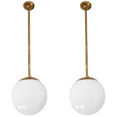 Pair of Midcentury Brass and Glass Globe Ceiling Lights