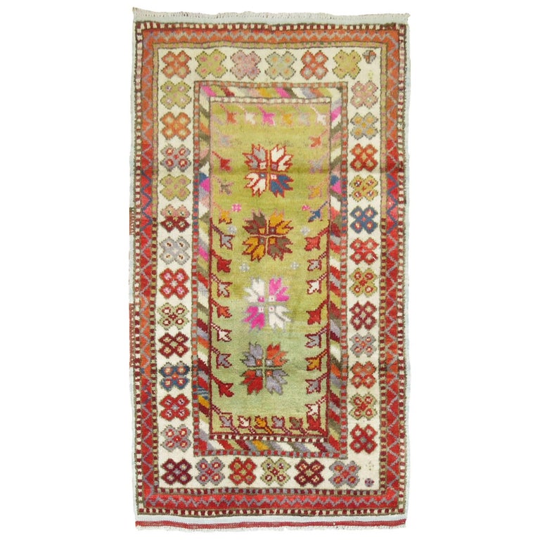 Vintage Anatolian Throw Rug In Bright Green and Pink For Sale