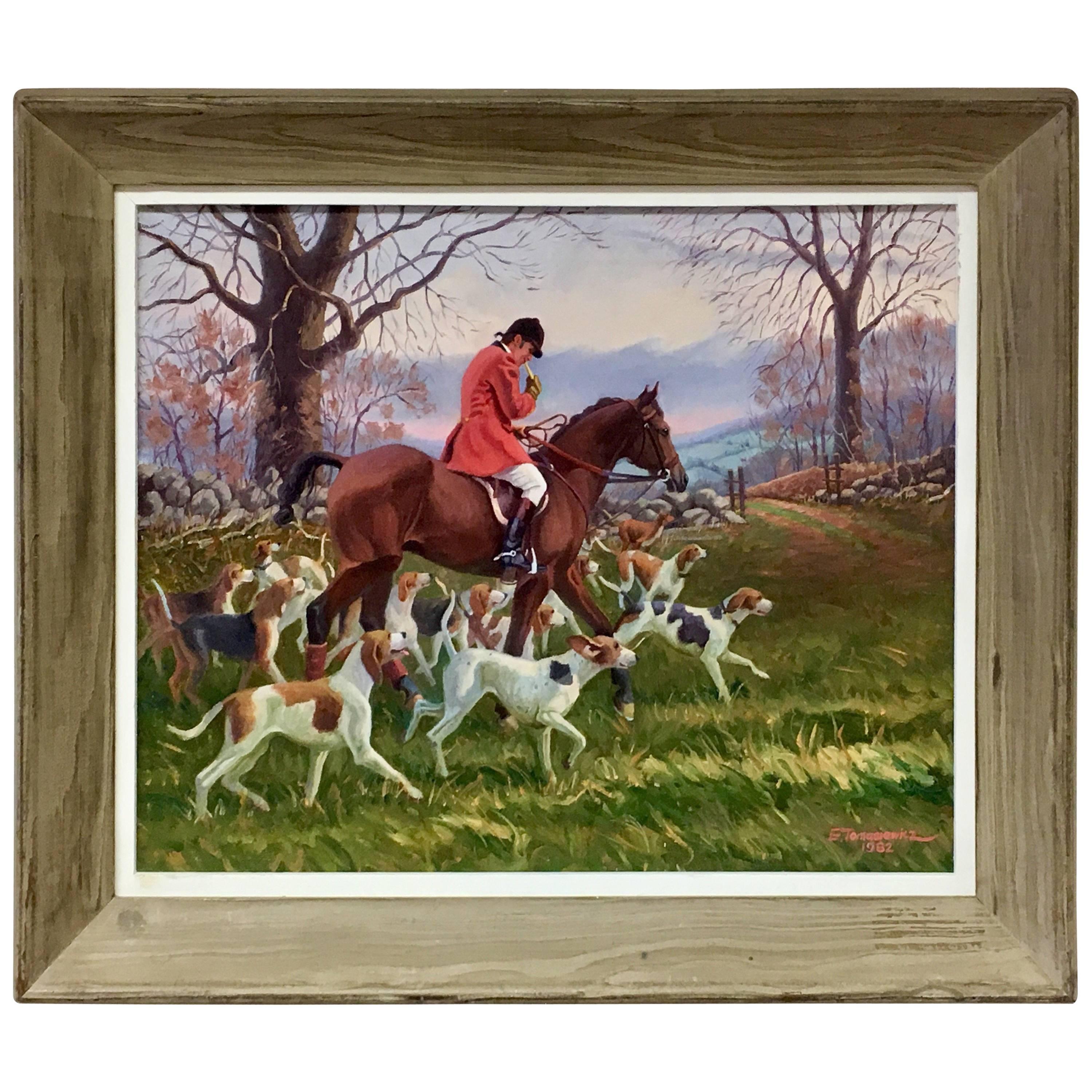 Original Oil Painting Hunt Scene Polo Equestrian Dogs Hounds Horses Signed