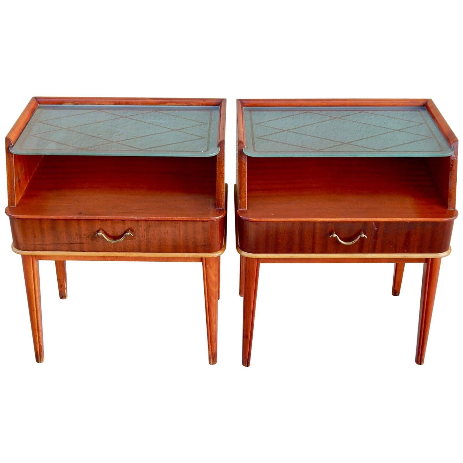 Pair of Swedish Mid-Century Modern End Tables in Mahogany and Glass, circa 1950 For Sale