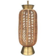 Fabulous Large 1950s Italian Rattan and Brass Table Lamp after Franco Albini