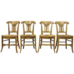 Cherrywood Primitive Country French Dining Chairs Woven Rush Seats Set of Four