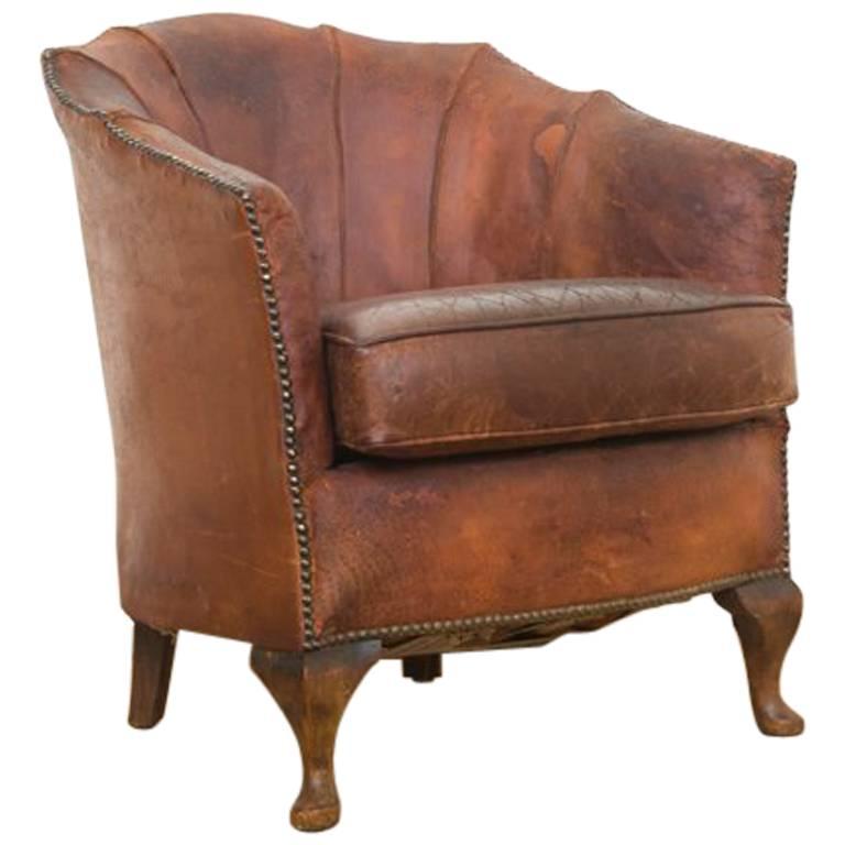 early 20th century French cognac Leather tub Chair  For Sale