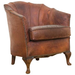 Antique early 20th century French cognac Leather tub Chair 