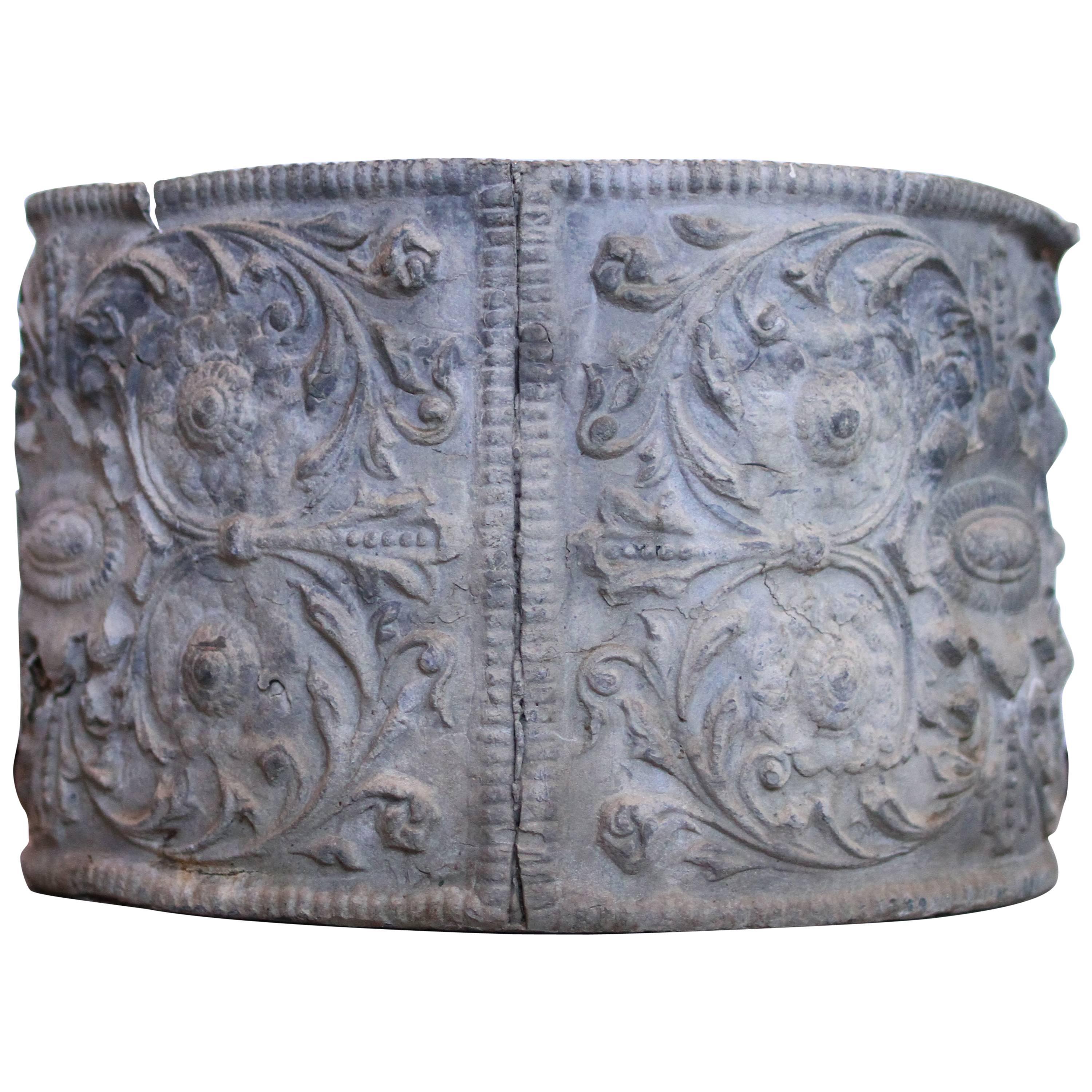 This antique lead planter has elaborate Renaissance Cartouche relief with panelled sides depicting scrolls and rosettes with a centre cartouche. Lead planters were popular in the 19th century and are perfect in a garden or any interior vignette.