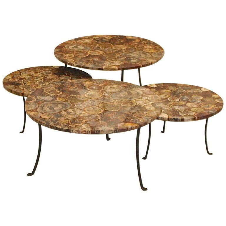 Set of Four Petrified Wood and Wrought Iron Coffee Tables For Sale at
