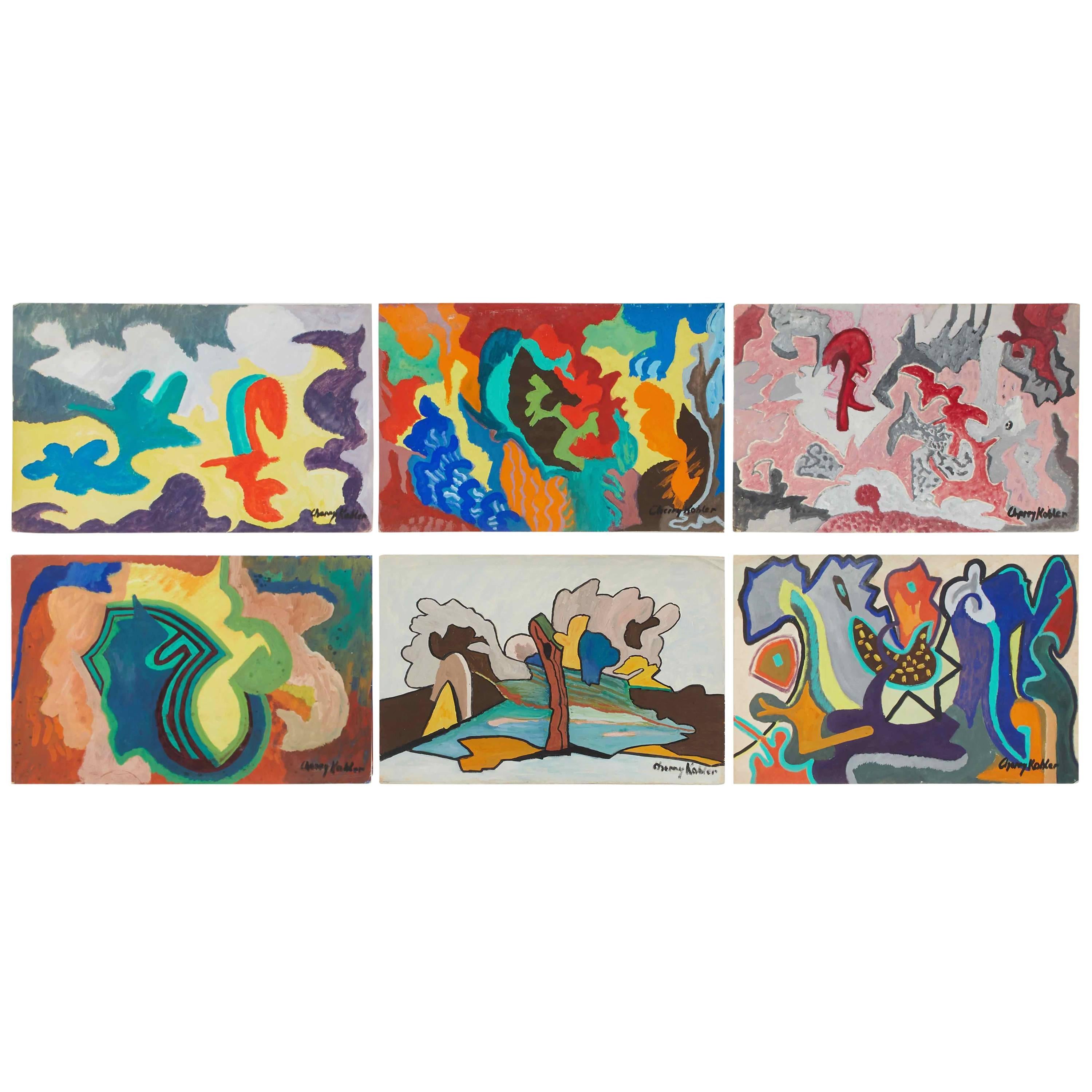 Set of Six Mid-Century Modern Abstract Watercolor Paintings from France