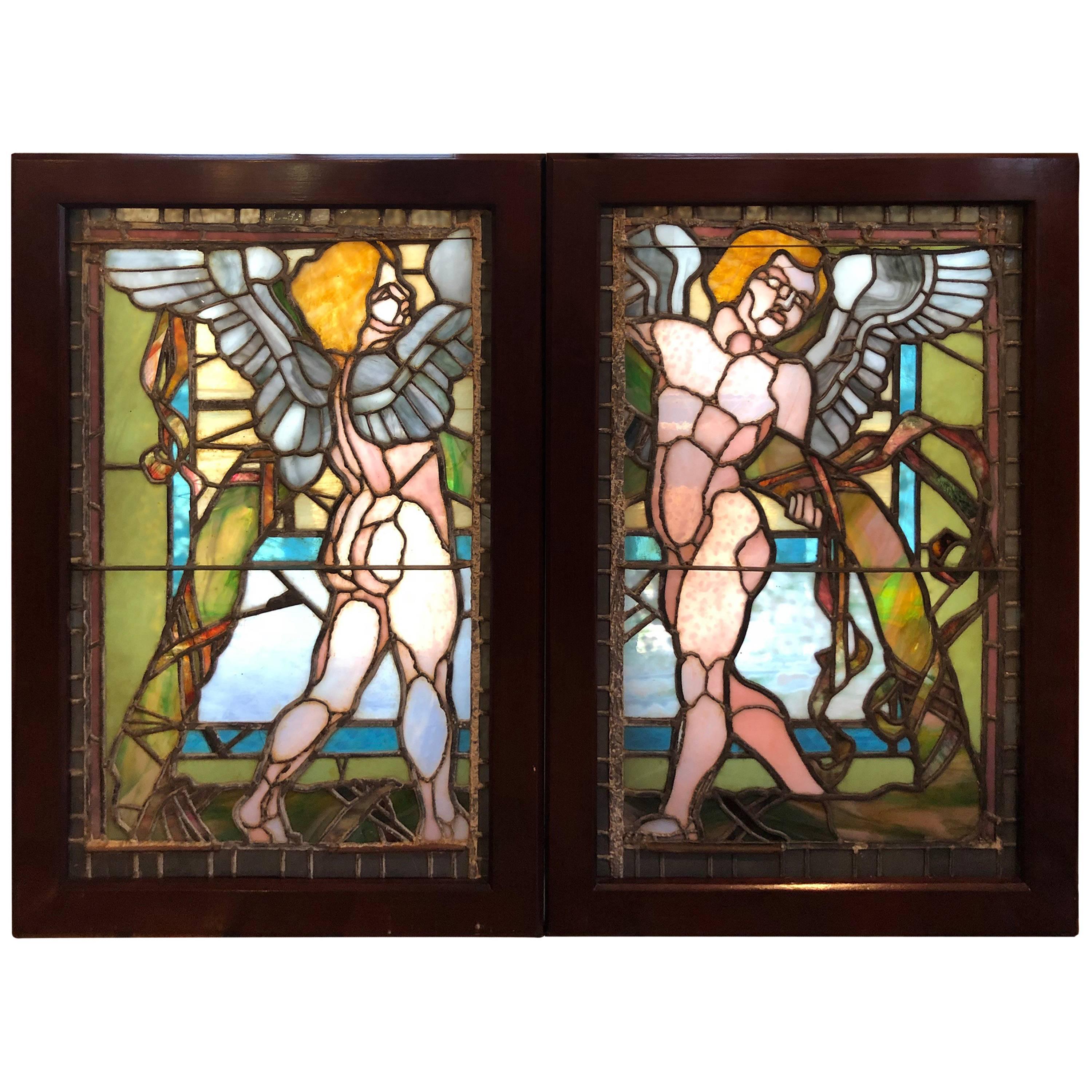 Pair of Antique Stained Glass Windows of Angels in Mahogany Frames for $3200 