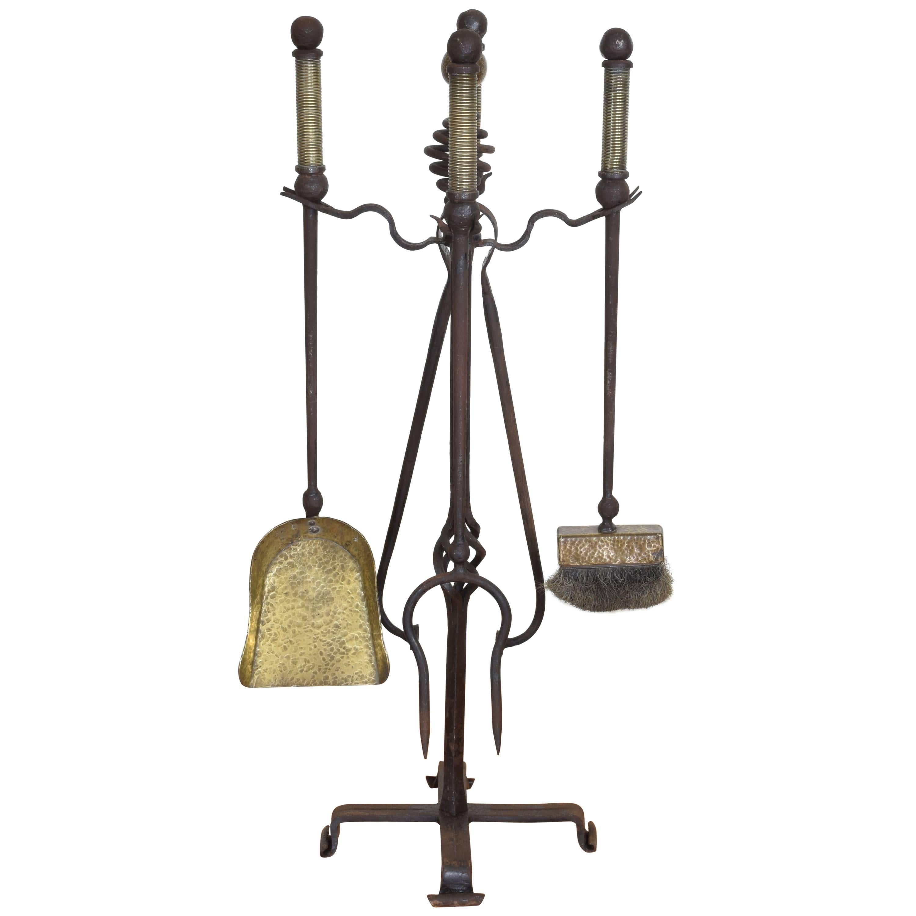Set of Continental Wrought Iron and Brass Fireplace Tools, ca. 1900
