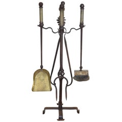 Antique Set of Continental Wrought Iron and Brass Fireplace Tools, ca. 1900