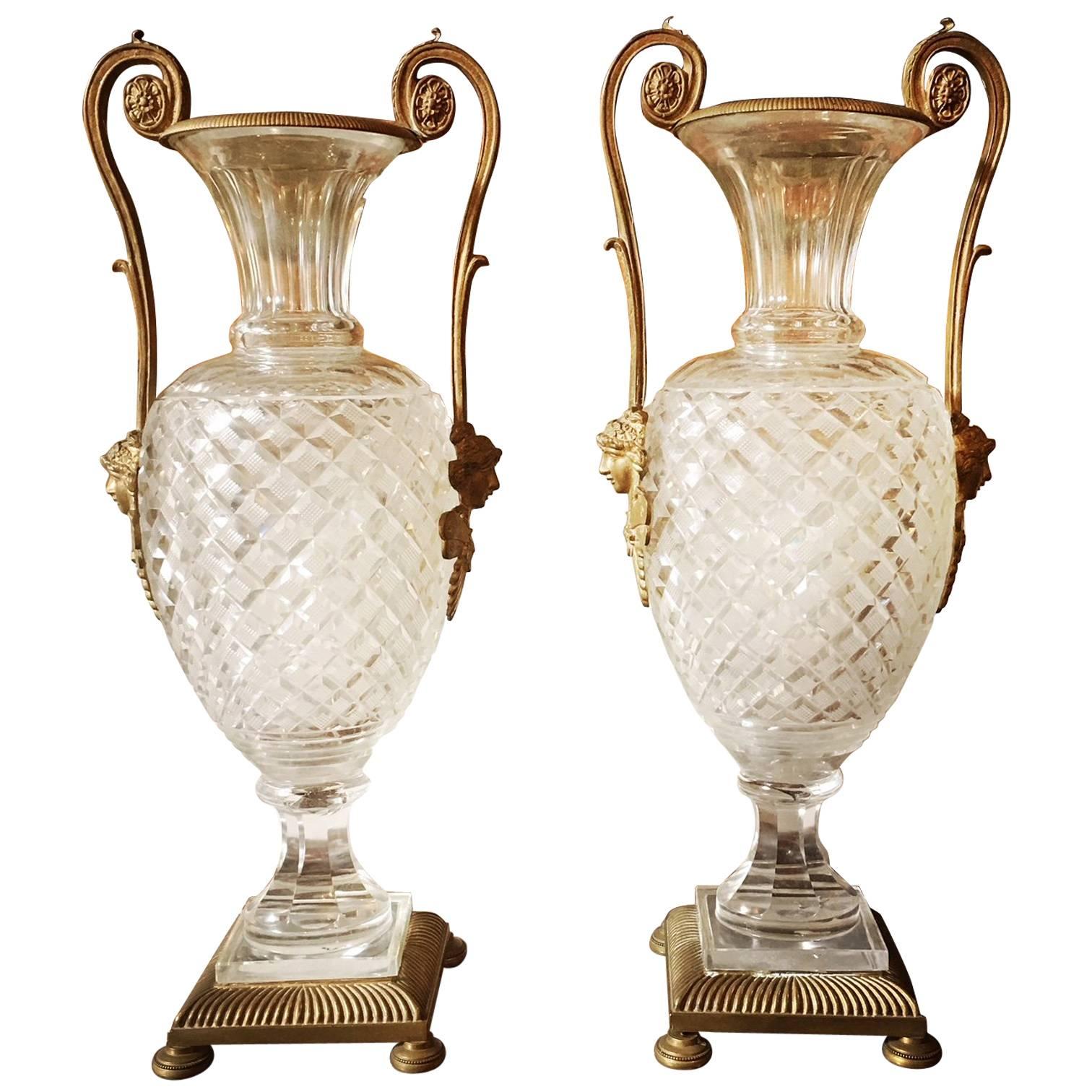 A Pair of French Louis XVI Style Bronze Mounted Cut Crystal Urns For Sale