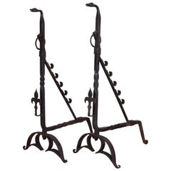 Pair of French Baroque Style Tall Wrought Iron Andirons, Mid-19th century