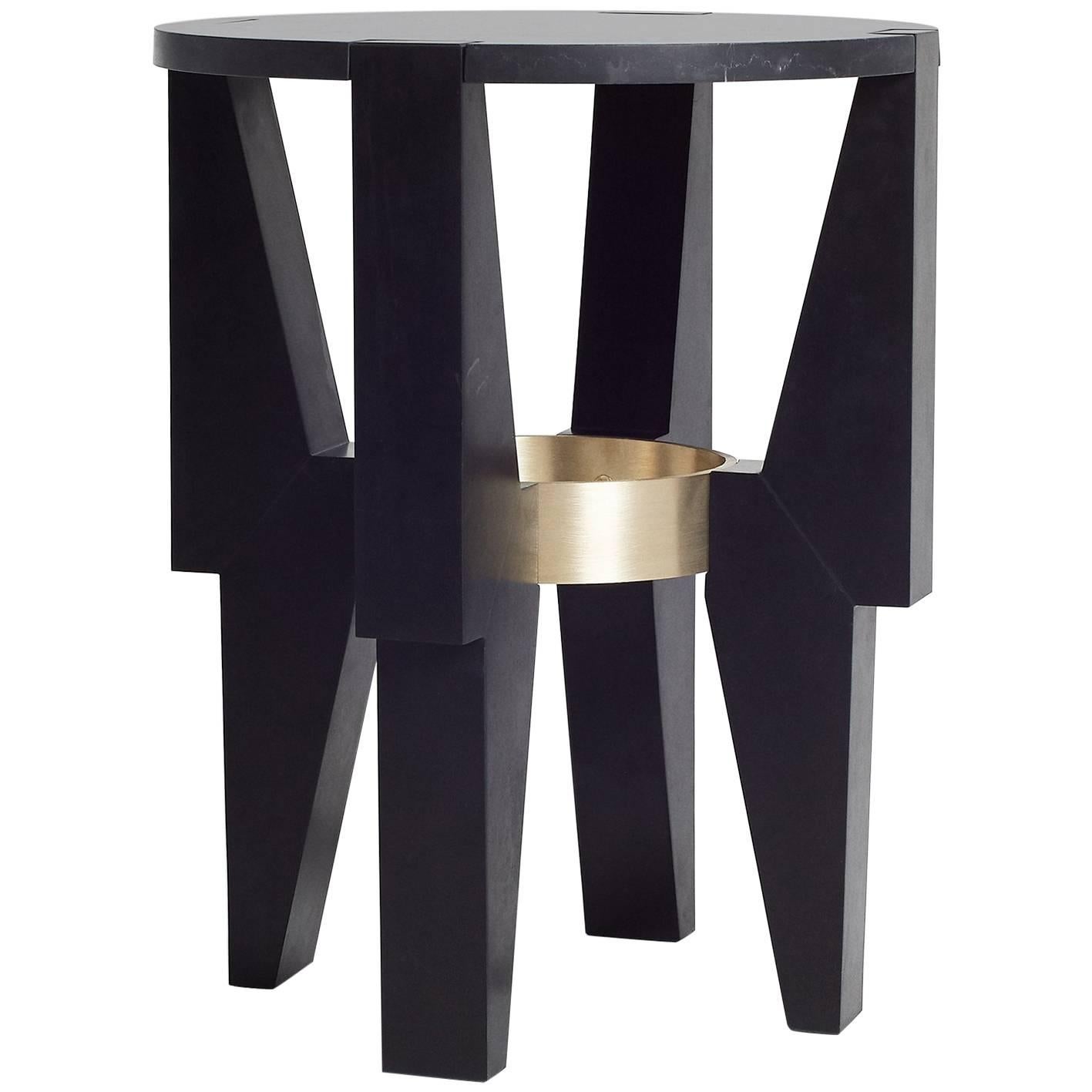 High Ring Side Table End Table in Nero Marquina Marble and Brass by Nathan Hunt For Sale