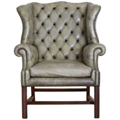 English Mahogany and Tufted Leather Wing Chair, 20th Century