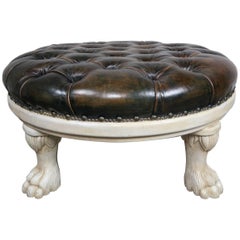 Leather Tufted Round Ottoman with Carved Paw Feet