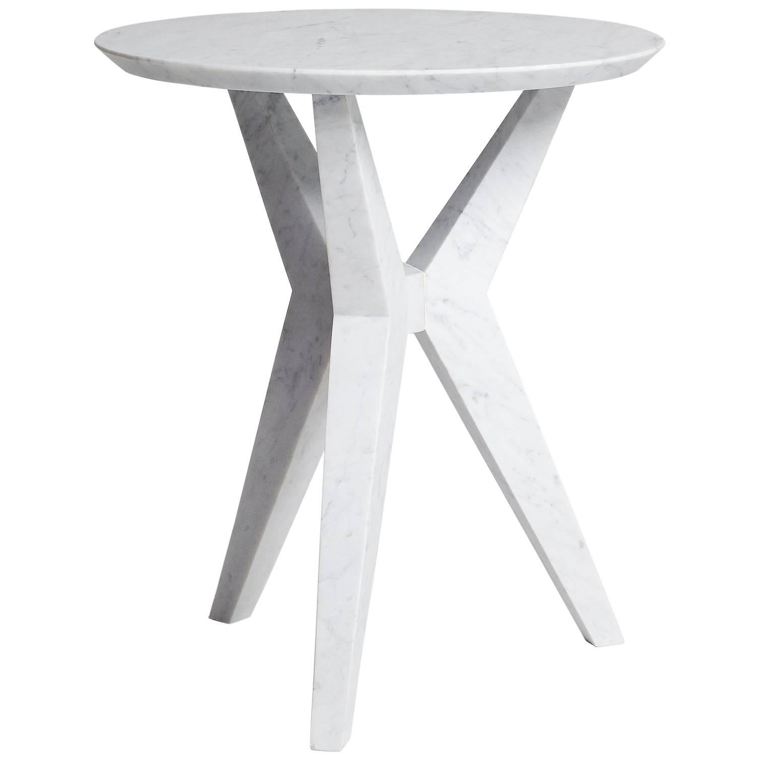 Tripod Side Table End Table in Hand-Carved Carrara Marble by Nathan Hunt For Sale