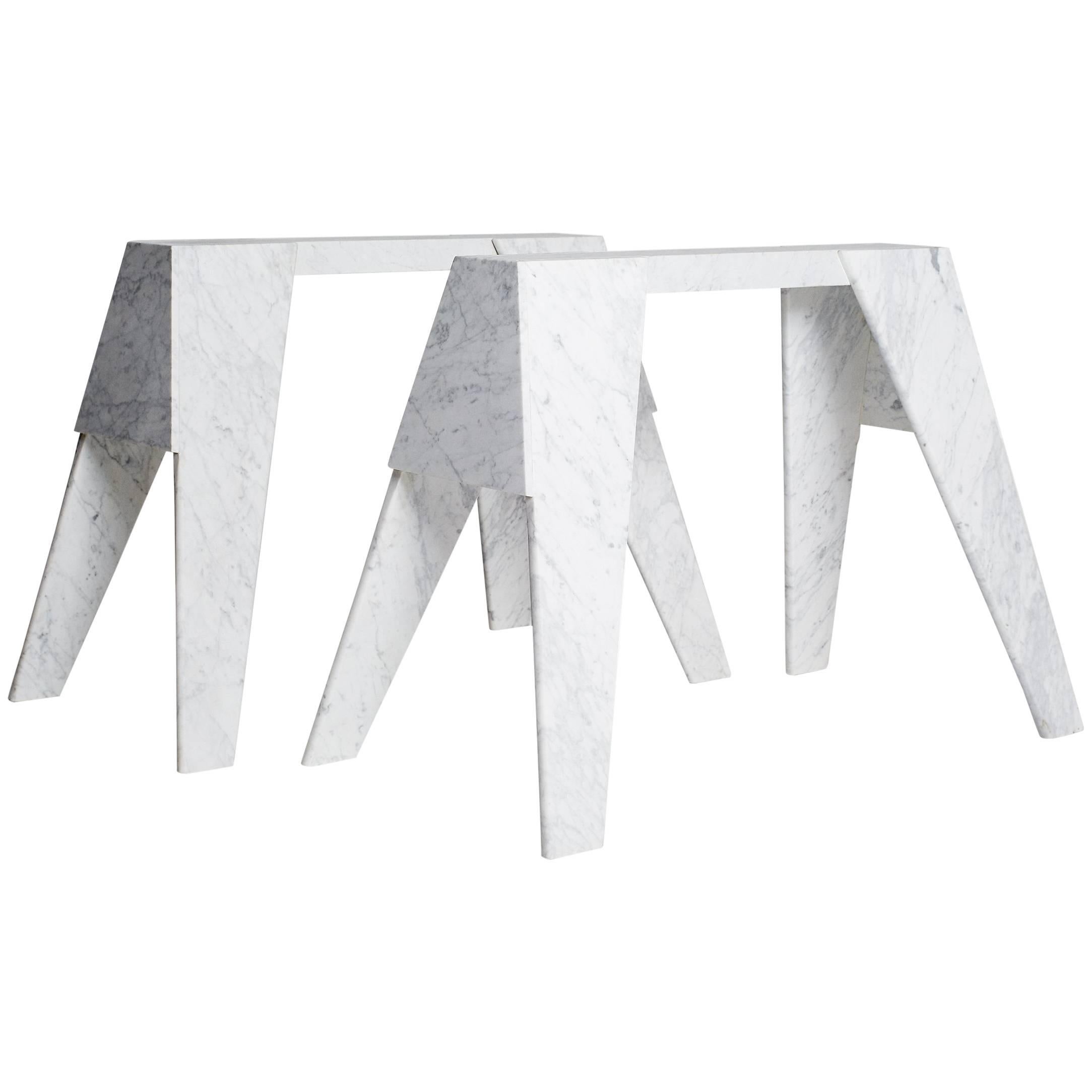 Workhorse Console Sawhorse Table in Hand-Carved Carrara Marble by Nathan Hunt For Sale
