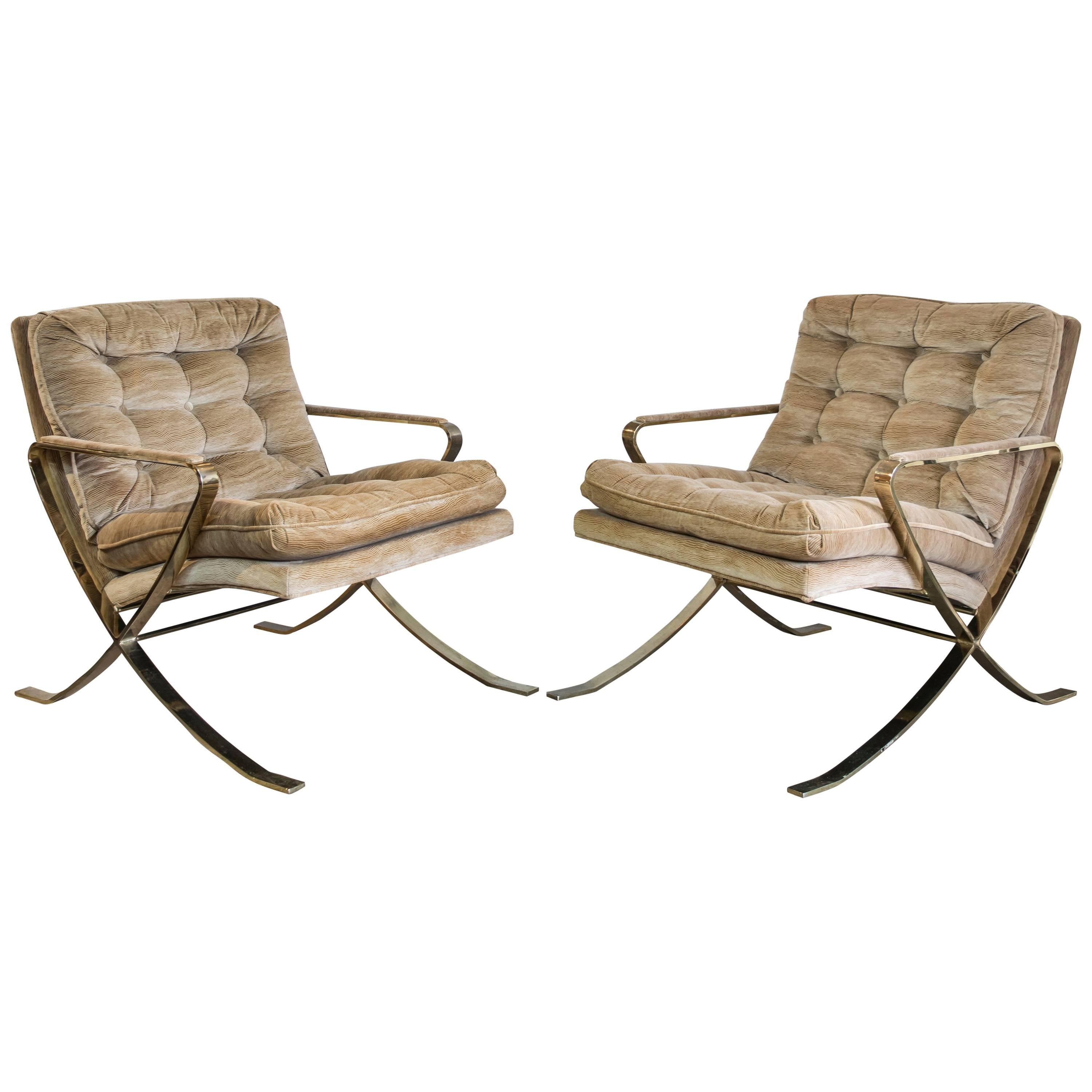 Milo Baughman X-Based Brass Club Chairs with Padded Arm Rests