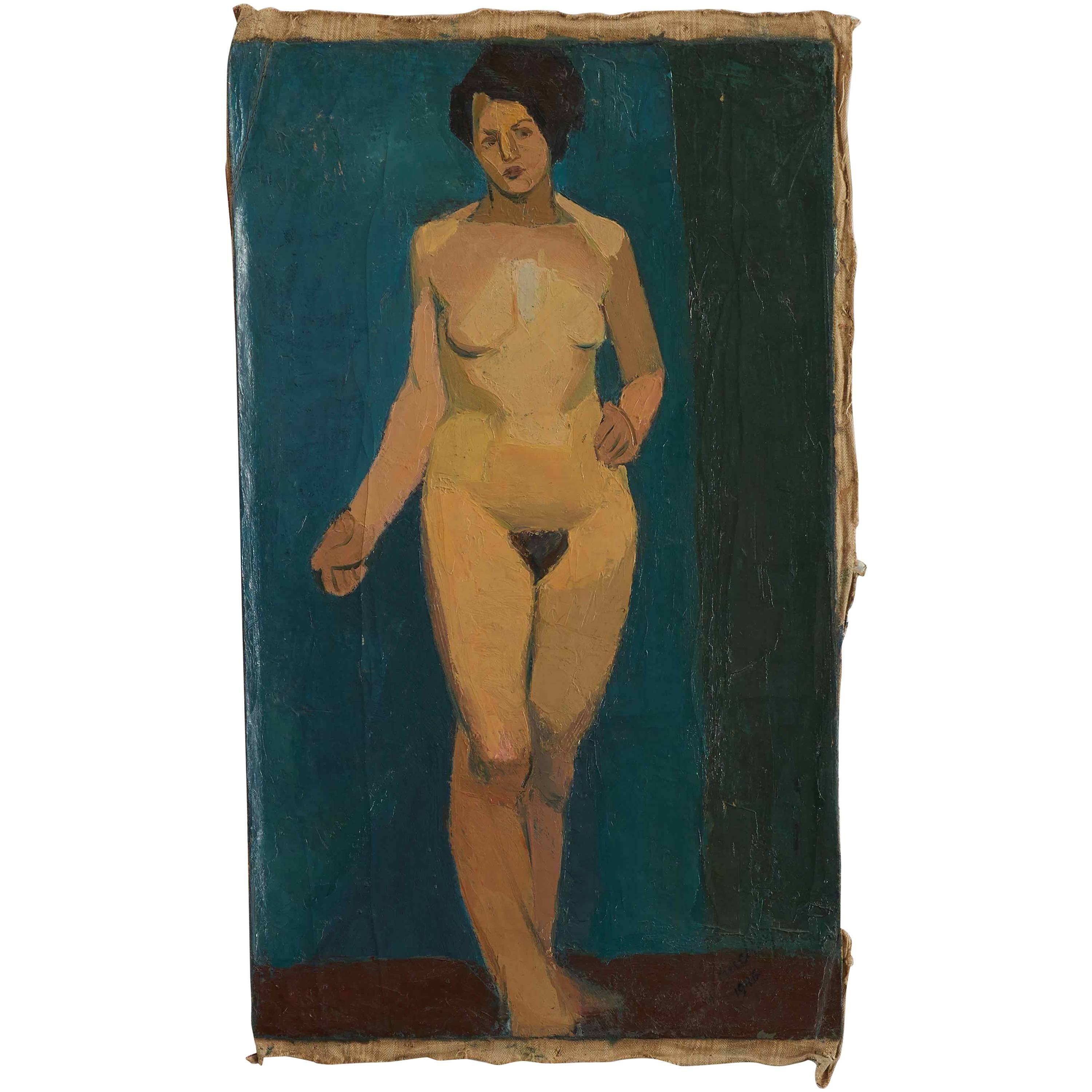 Early 20th Century Oil Painting of Nude Female on Blue Background