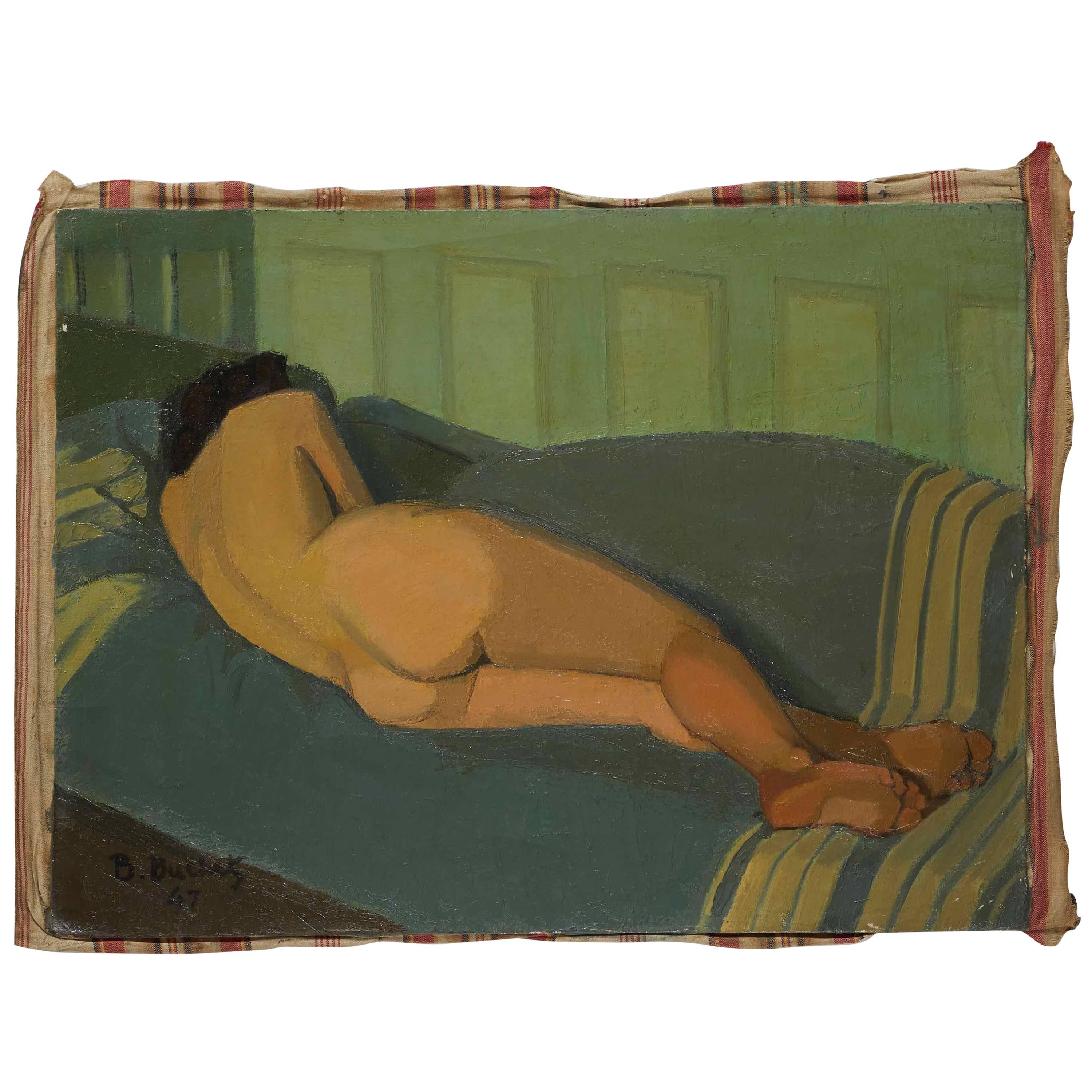 Oil Painting of Female Nude Lying on Sofa by Artist B. Buchet