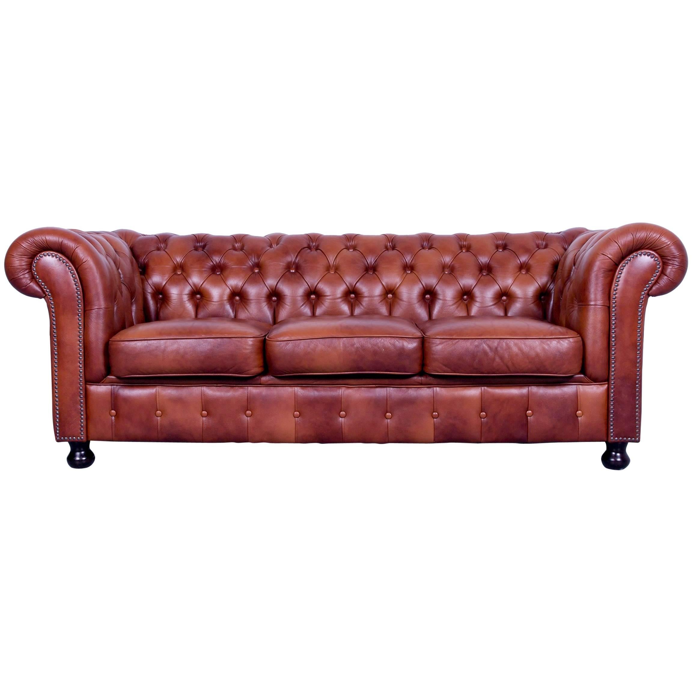 Chesterfield Three-Seat Sofa Brown Orange Cognac Vintage Retro Handmade Rivets