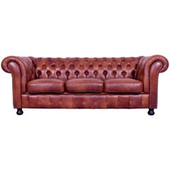 Chesterfield Three-Seat Sofa Brown Orange Cognac Vintage Retro Handmade Rivets