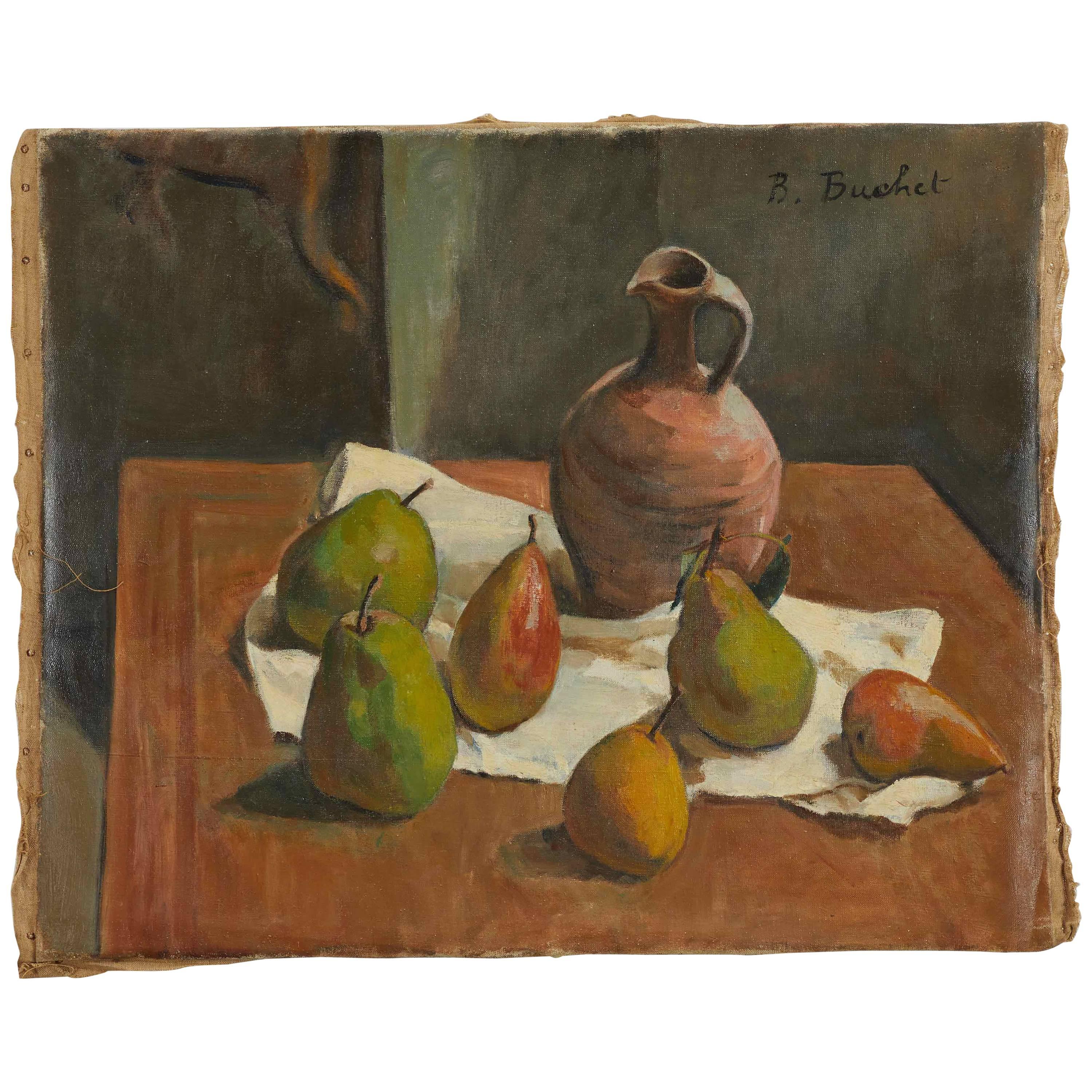 Peinture à l'huile sur toile de nature morte du début du XXe siècle de l'artiste B. Buchet 