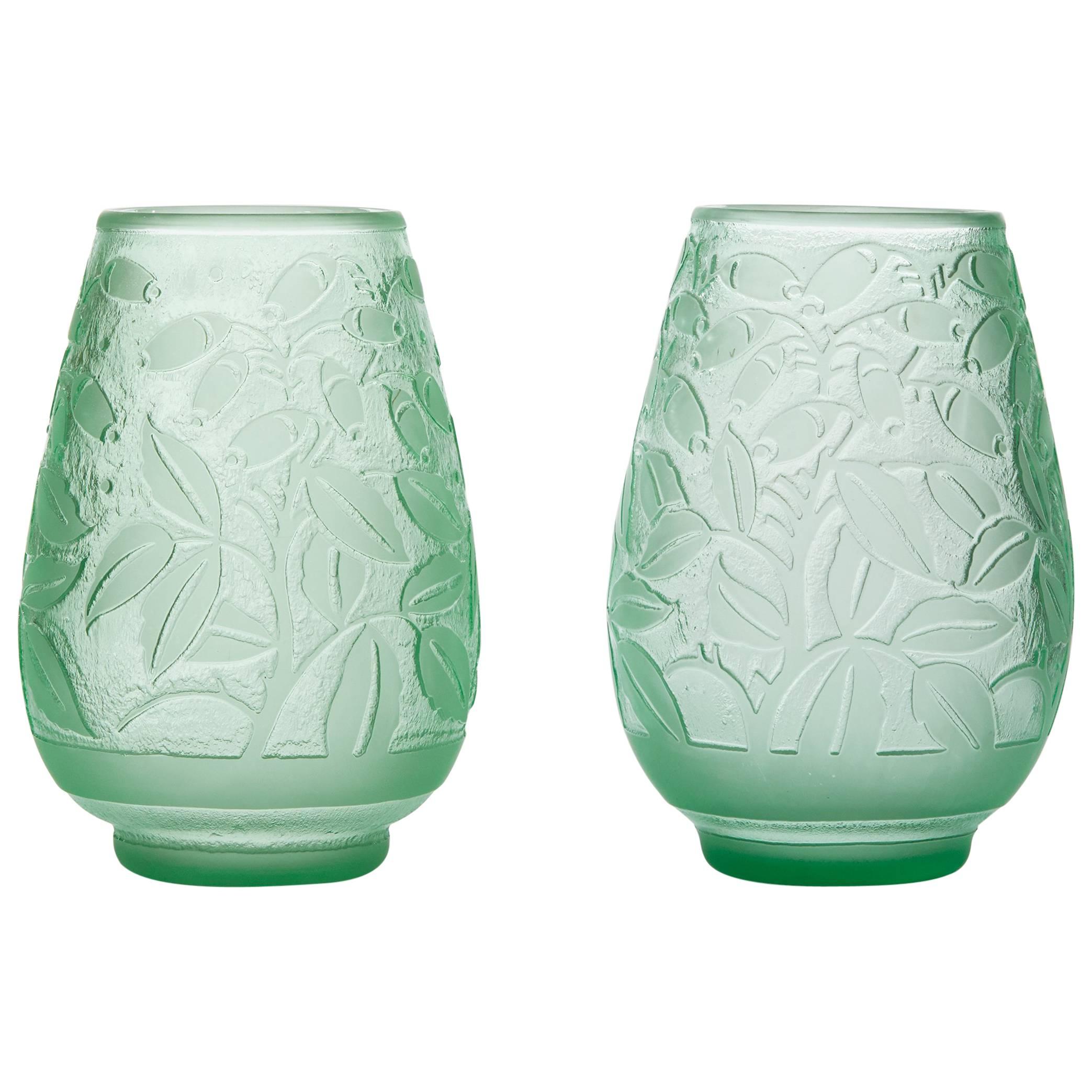 Daum, Incised Art Deco Glass Vases, France, Early 20th Century