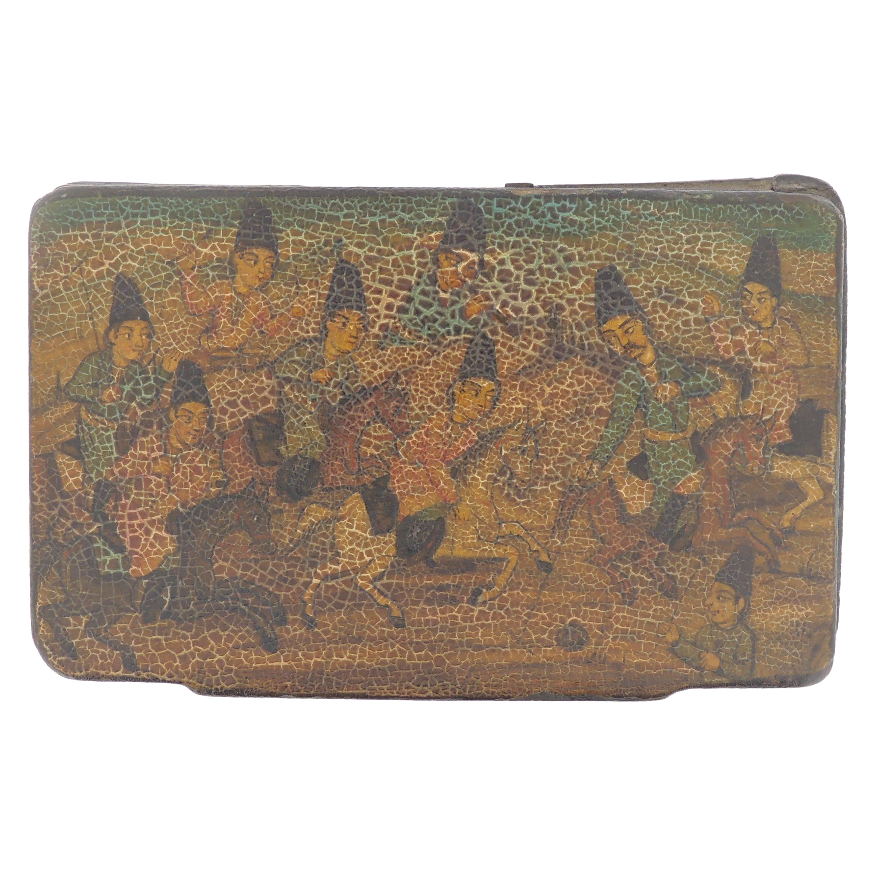 Antique Qajar Period Persian Papier Machê Snuff Box Depicting Chovgan or Polo For Sale