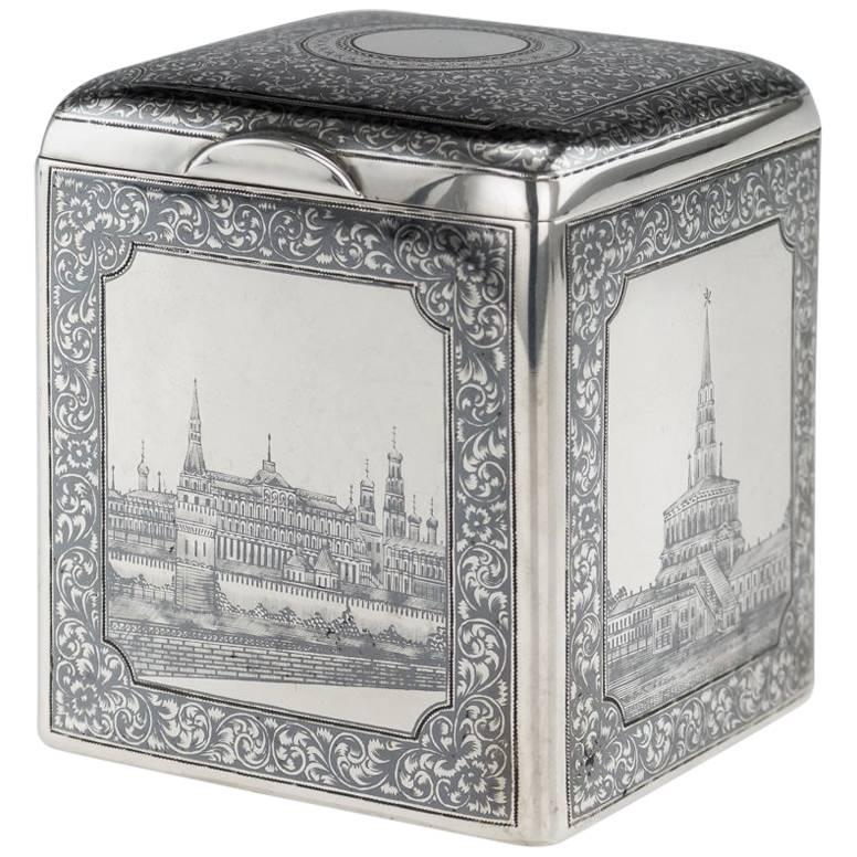 Antique Russian Solid Silver and Niello Enamel Tea Caddy, Moscow, circa 1880