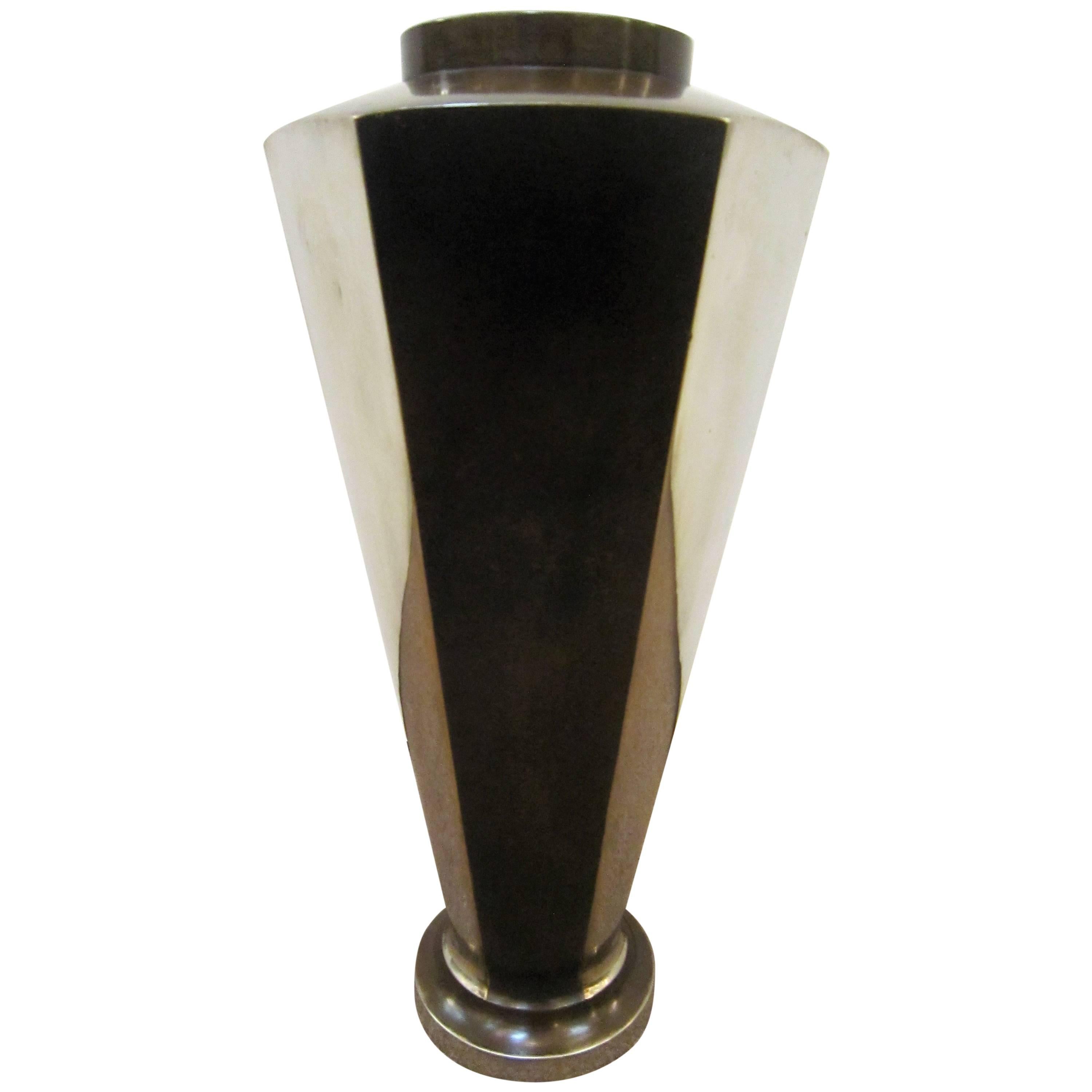 Tall French Bronze and Silvered Six-Sided Angular Vase