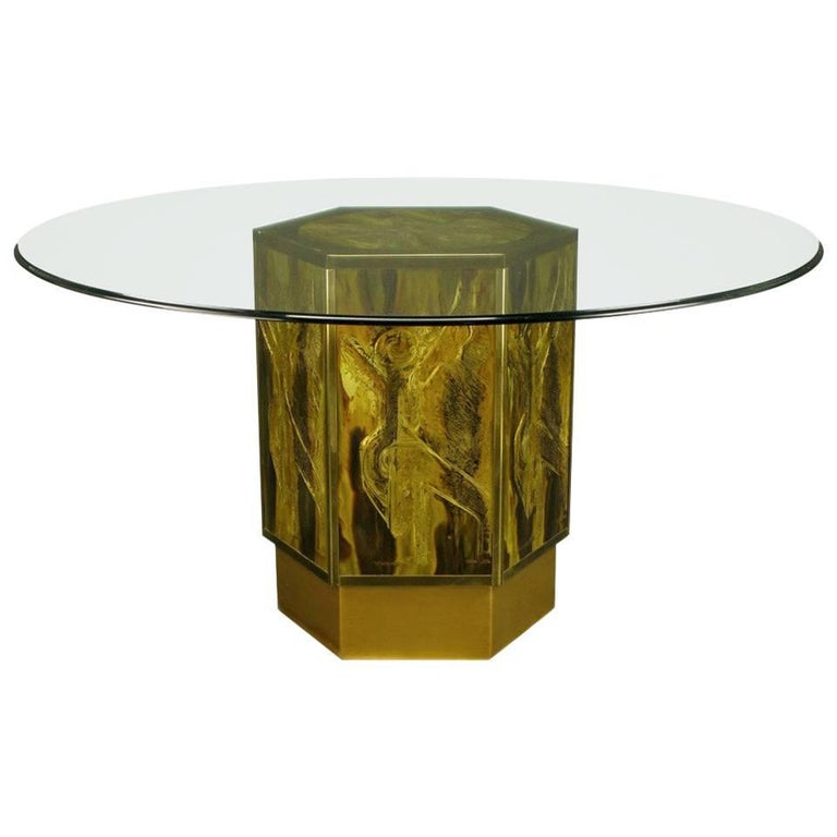 Bernhard Rohne for Mastercraft Acid Etched Brass Hexagonal Pedestal Table For Sale