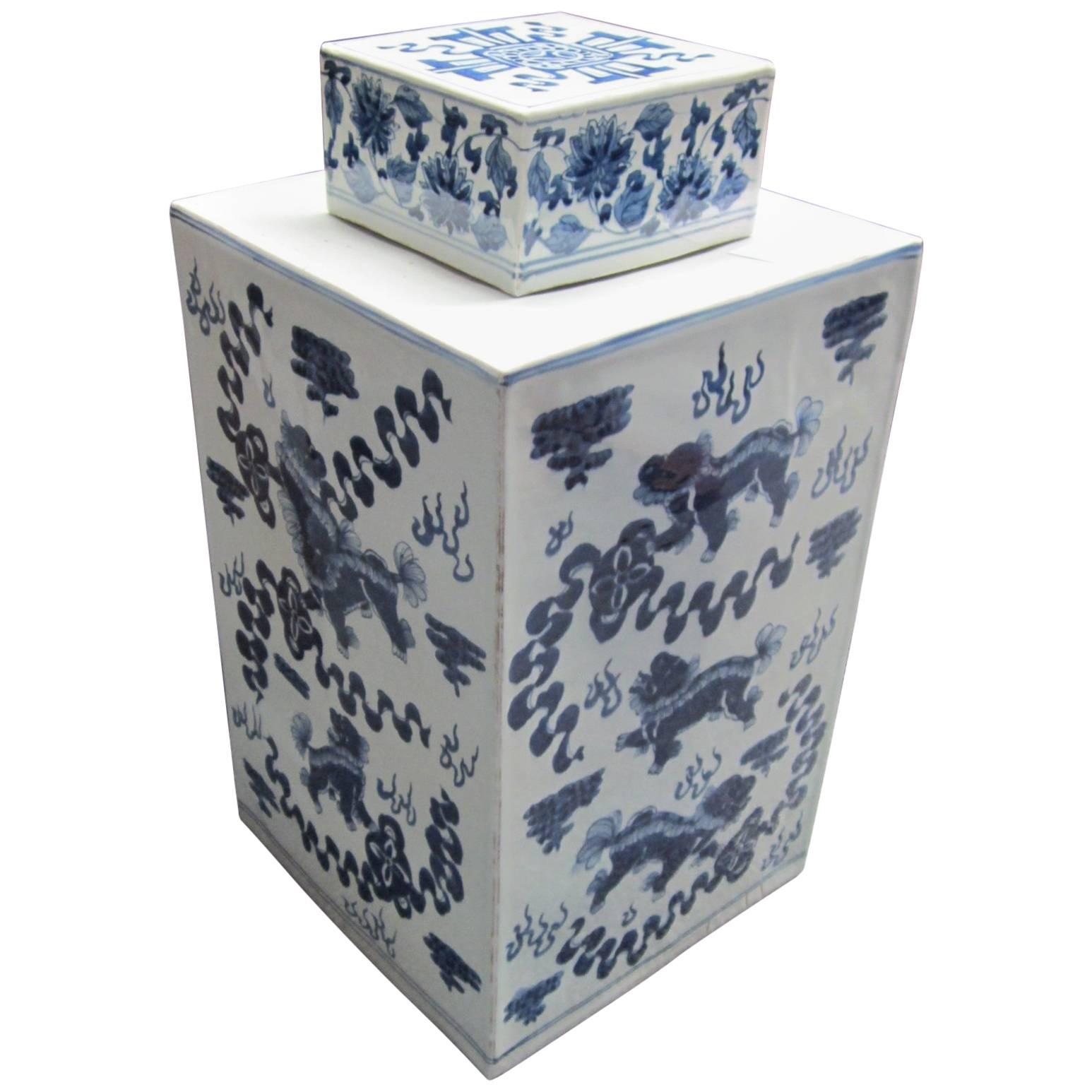 Blue and White Lidded Square Chinese Ceramic Pot