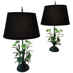 Retro Pair of 1970s Italian Tole Daisy Table Lamps