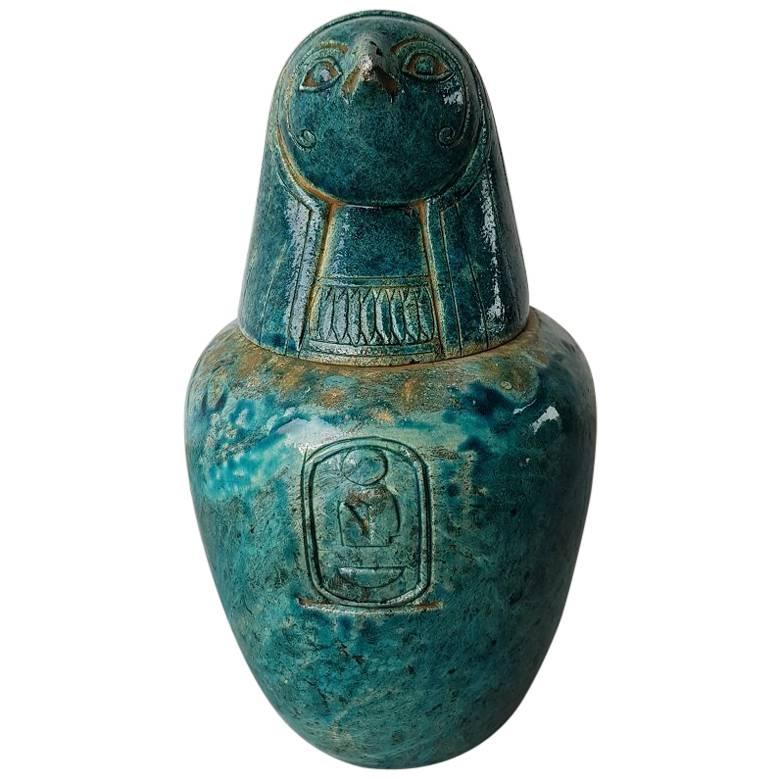 20th Century Blue Faiance Canopic Jar Egyptian Style