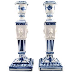 Vintage Pair of Royal Copenhagen Blue Fluted Plain, Candlesticks with Lion Heads