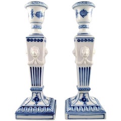 Pair of Royal Copenhagen Blue Fluted Plain, Candlesticks with Lion Heads