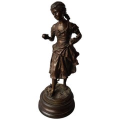 French Bronze Sculpture a Lady with Fruits in Her Hands E. Rancoulet