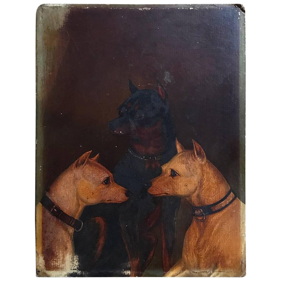 English School Oil on Board Study of Two White and One Manchester Terrier