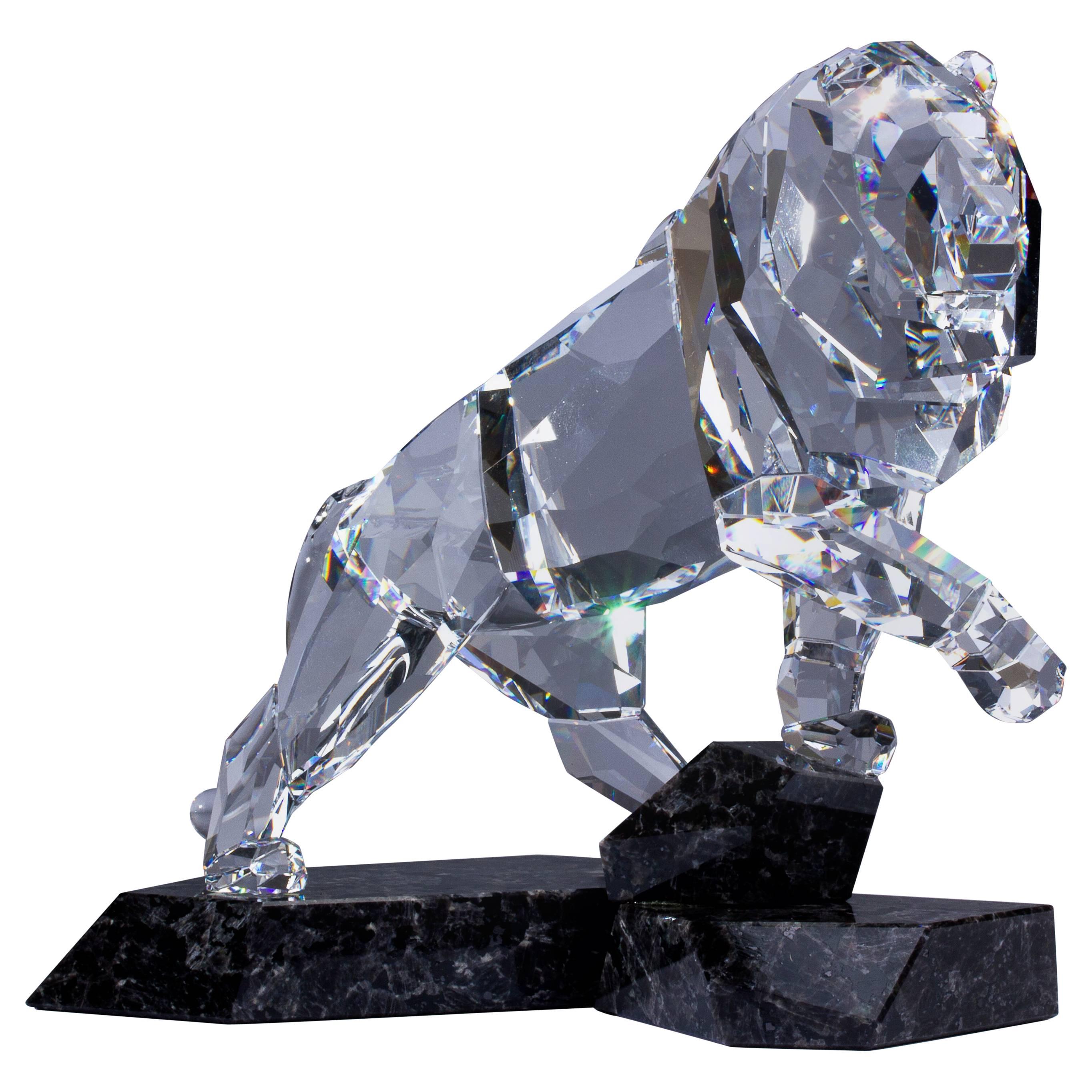Clear Crystal Swarovski Lion Sculpture with Mahogany Granite Base at 1stDibs