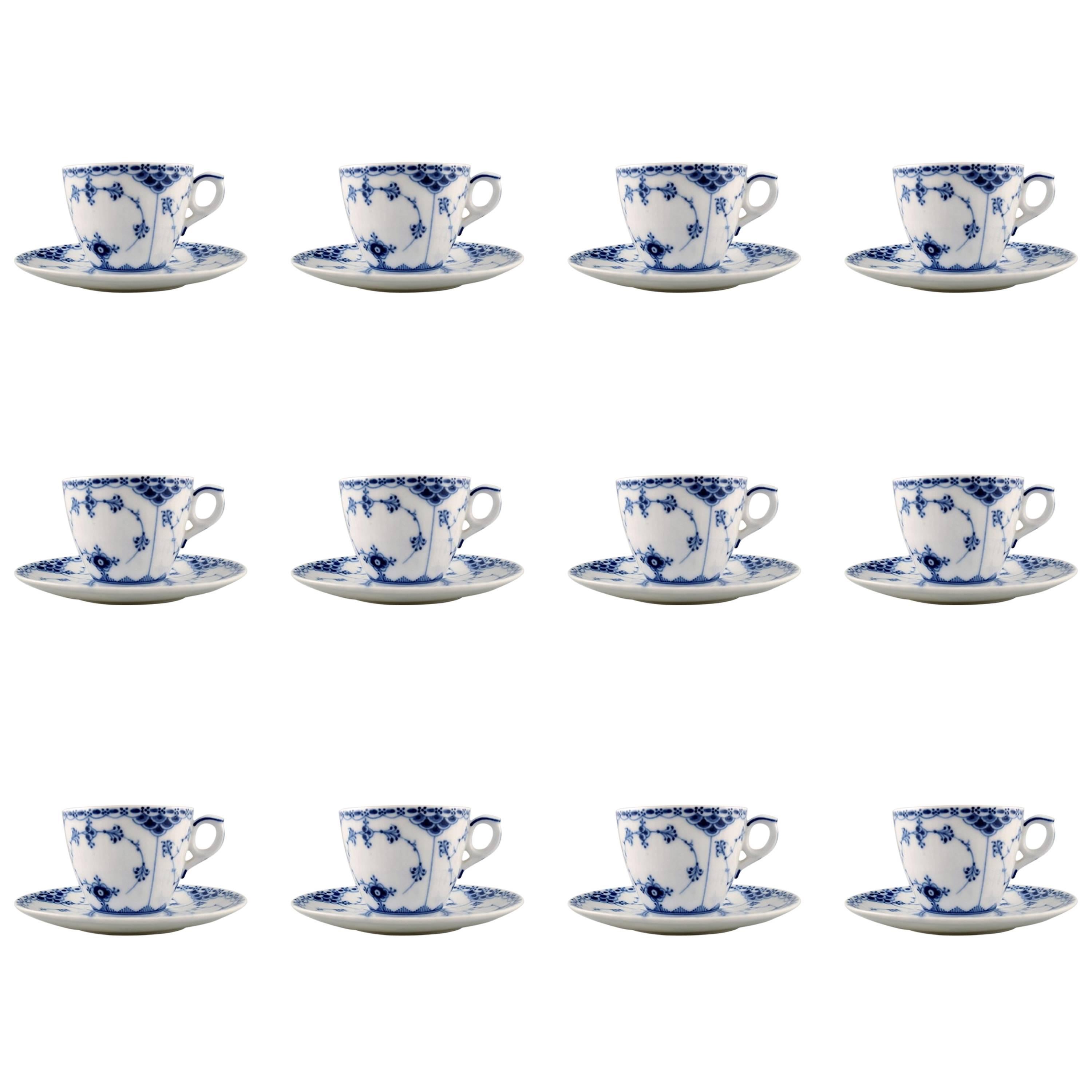 12 Sets Royal Copenhagen Blue Fluted Half Lace Coffee Cup and Saucer