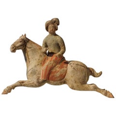 Antique Rare Painted Red Pottery Female Polo Player Astride a Galloping Pony