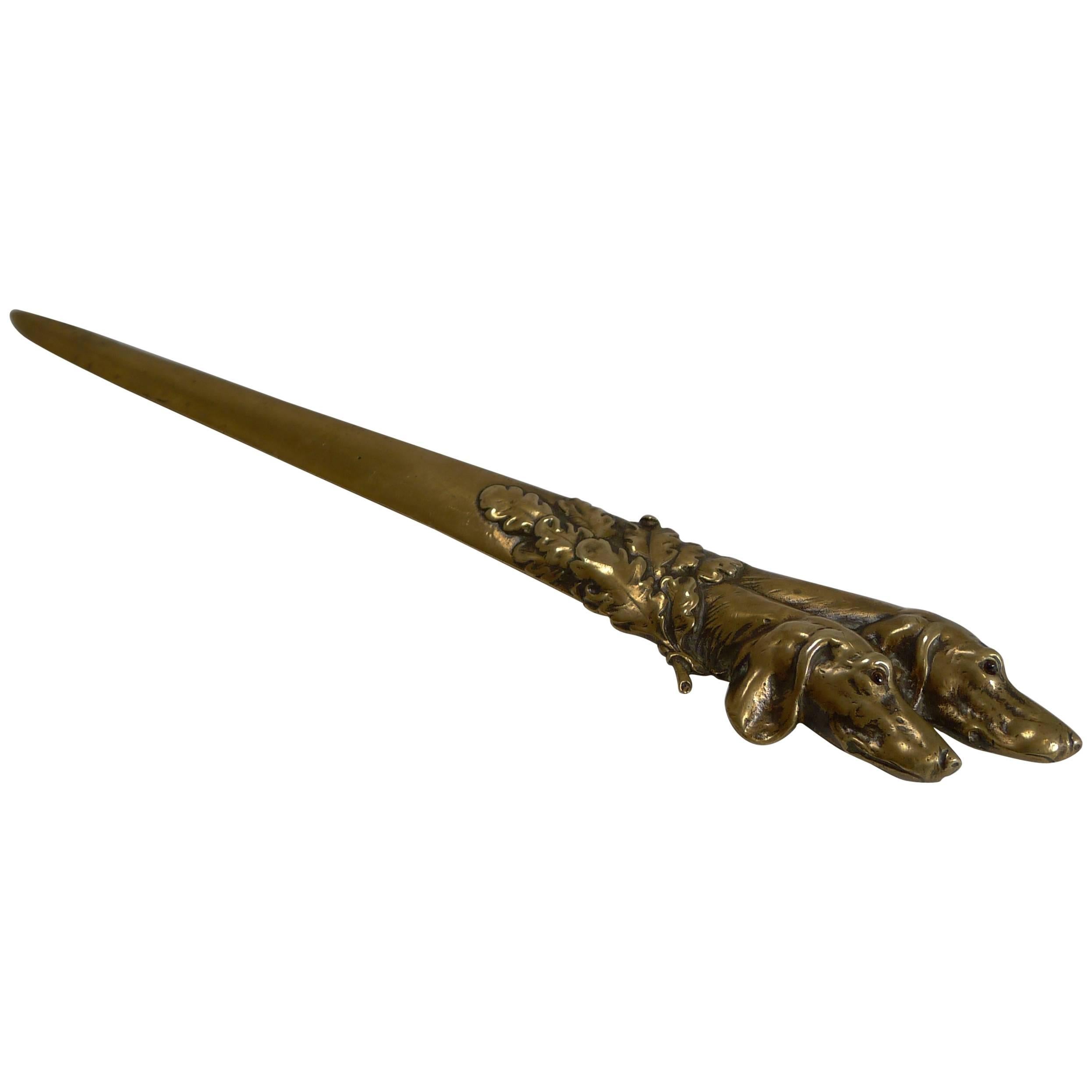 Antique English Novelty Letter Opener, Dogs with Glass Eyes